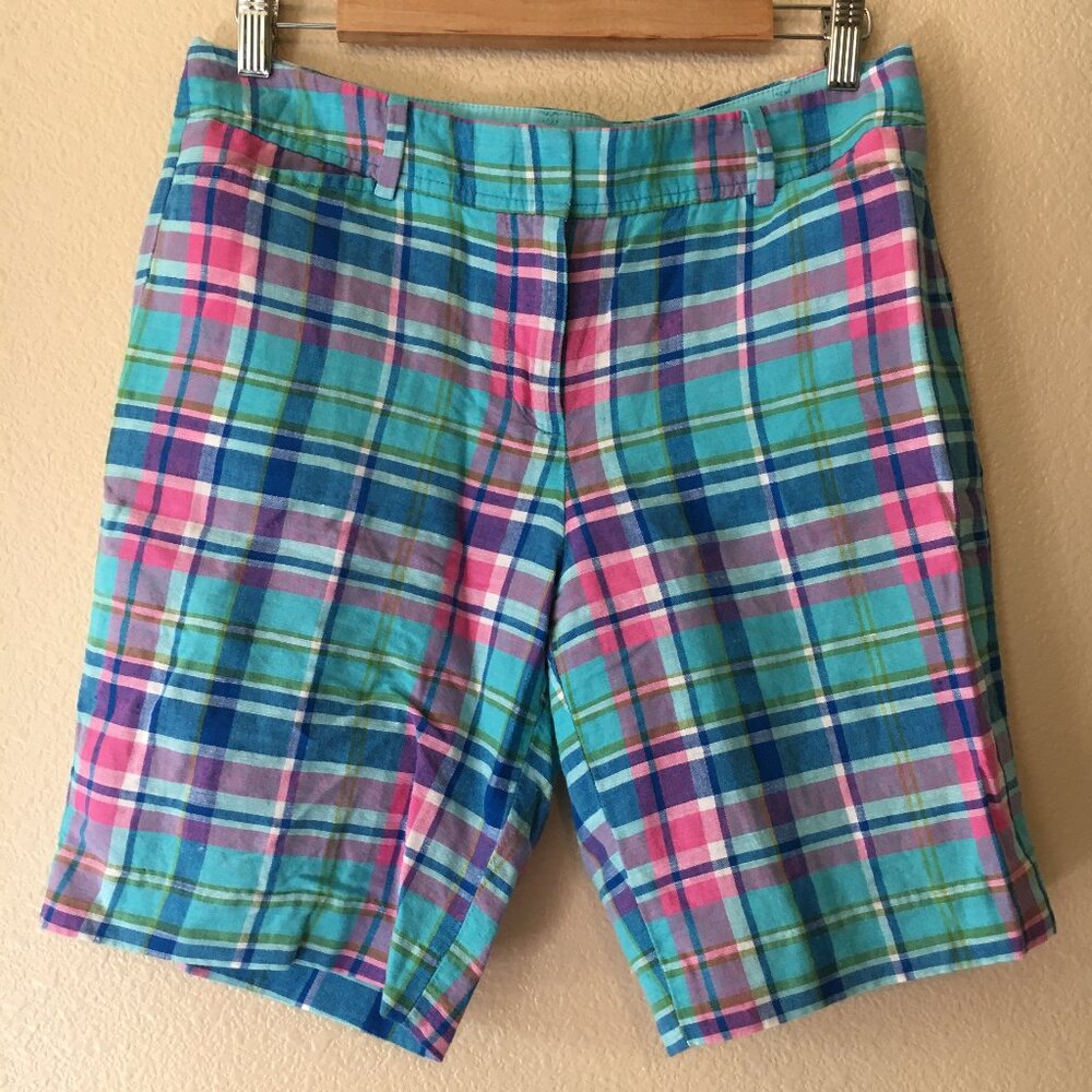 Talbots Perfect Shorts Blue 6P Linen Sea Madras Plaid Turquoise Pink Beach
